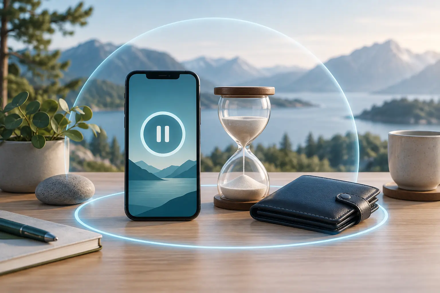 Mobil, timeglass og lommebok som symboliserer grenser for ansvarlig spill