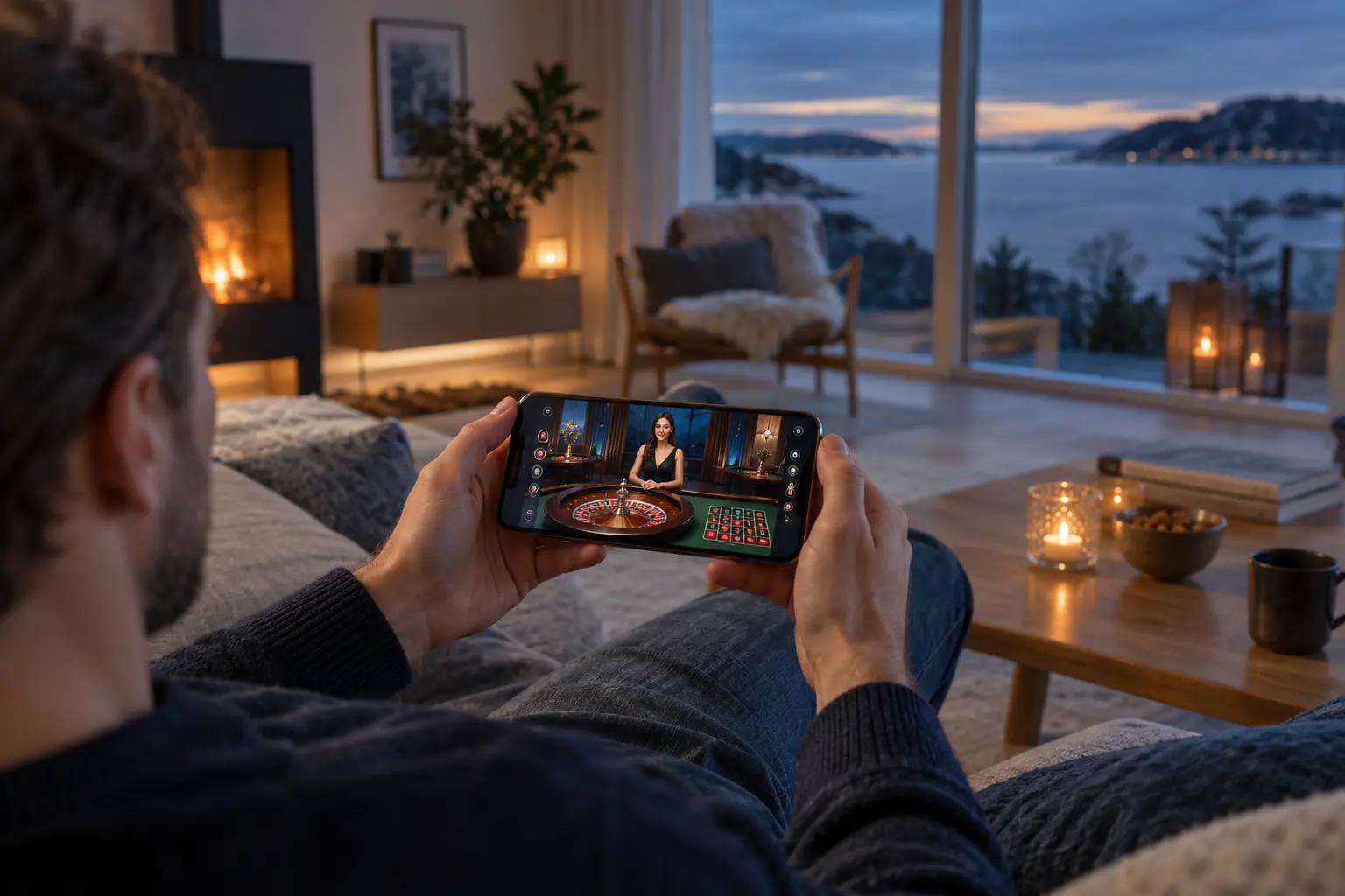 Live casino på mobil i en moderne norsk stue